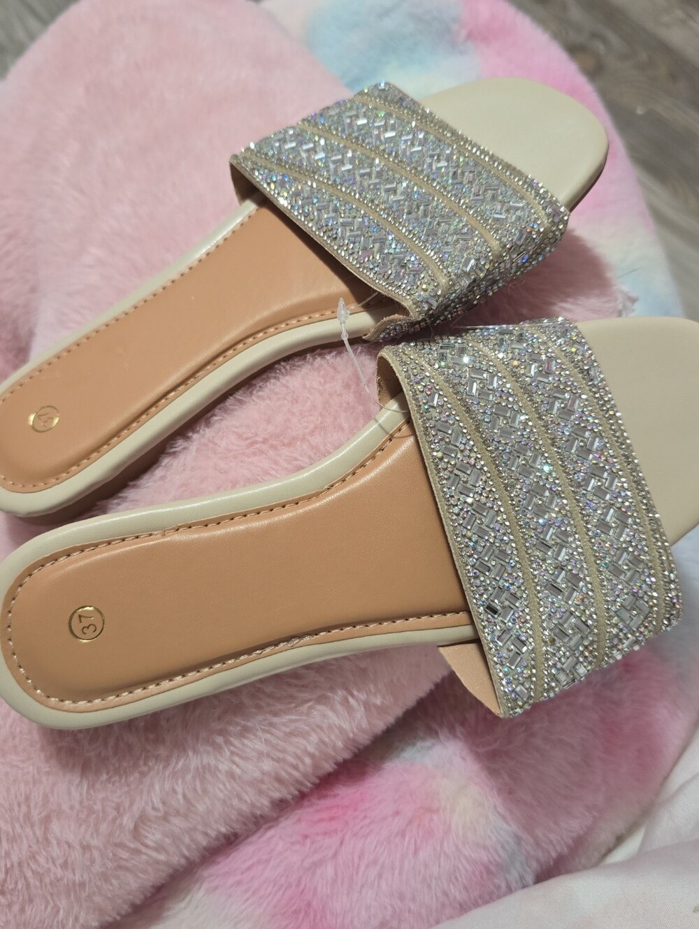Beaded Slide Sandals - Ivory/Champagne